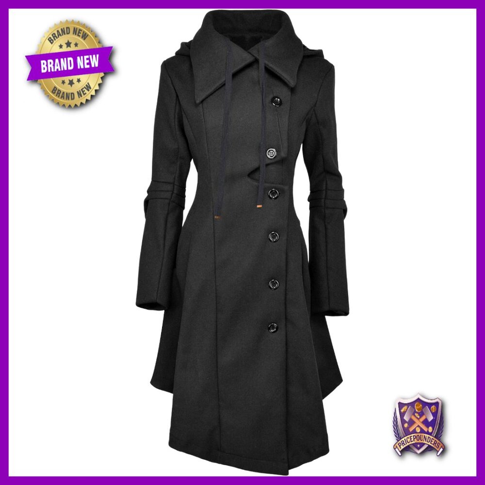 Wool Blend Trench Coat Long Pea Coat Goth Victorian Style Hooded Elegant